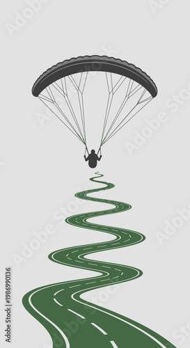 Paraglider Soars Above Winding Green Road Journey Freedom Adventure