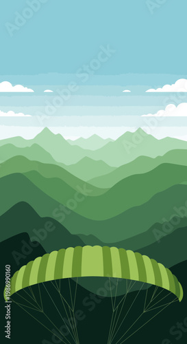 Paragliding Adventure Over Lush Green Mountain Ranges With Clear Blue Sky