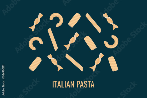 Vector illustration of different types of traditional Italian pasta on a dark green background. Minimalist design for kitchen decor, restaurant menu, or food packaging.