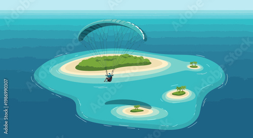 Paragliding Adventure Over Serene Tropical Islands And Azure Ocean Waters