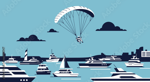 Paragliding Above A Harbor Filled With Luxury Yachts And Cityscape