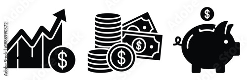 Financial success growth and money savings icons for business investment strategy and banking applications