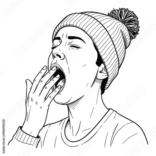 Line drawing of a sleepy person yawning with a knit beanie and hand over mouth, ideal for conveying fatigue and lack of sleep.