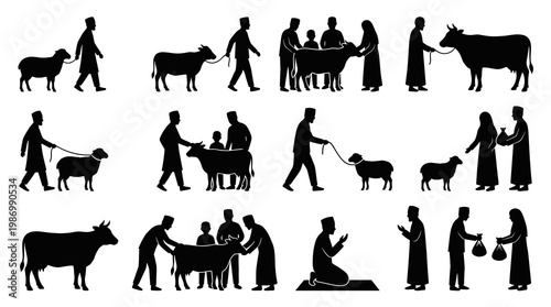 Silhouette Qurbani Eid Adha Vector Set Muslim People Animal Sacrifice Cow Sheep Meat Distribution And Pray