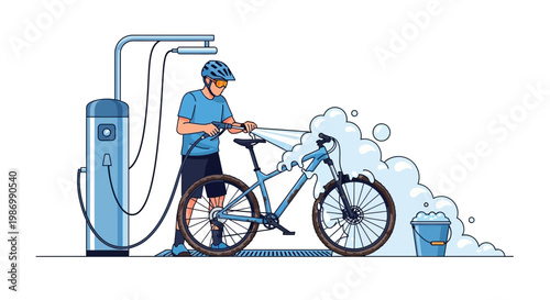 Person Washing Mountain Bike With Water Pressure Washer At A Station