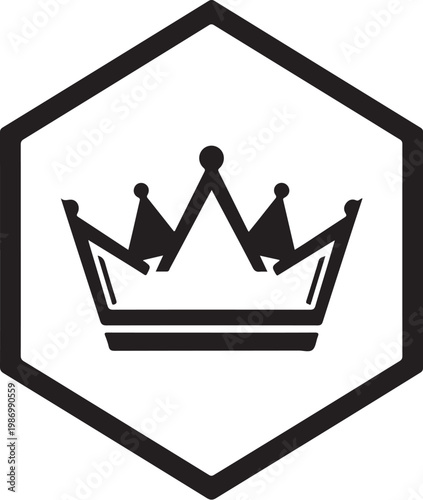 Black crown icon, royal symbol, hexagonal badge, minimalist design