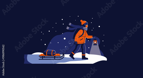 Person With Sled And Lantern Walking In Snowy Night Landscape