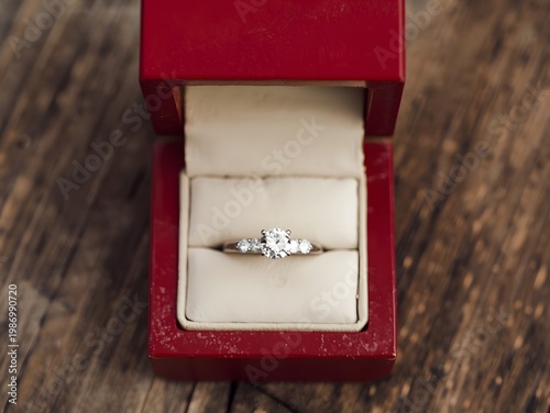 Engagement Ring in Box. Channel-set engagement diamond ring in an open red wood box.