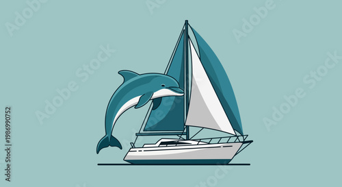 Playful Dolphin Leaping Alongside Elegant Sailboat in a Serene Ocean Scene