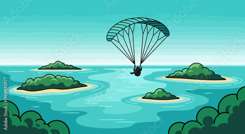Paragliding Over A Tropical Archipelago With Islands And Blue Ocean Waters