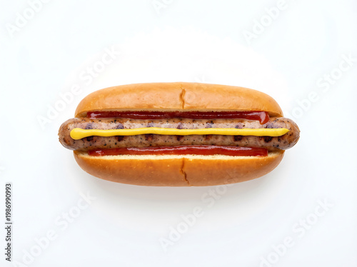 top view of hot dog minimal composition centered isolated on pure white background clean commercial food photography