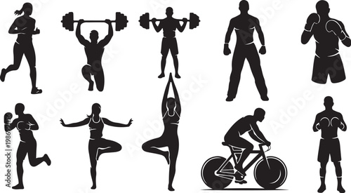 Fitness icons, athletic silhouettes, workout graphics, exercise illustrations, 10 black vector figures