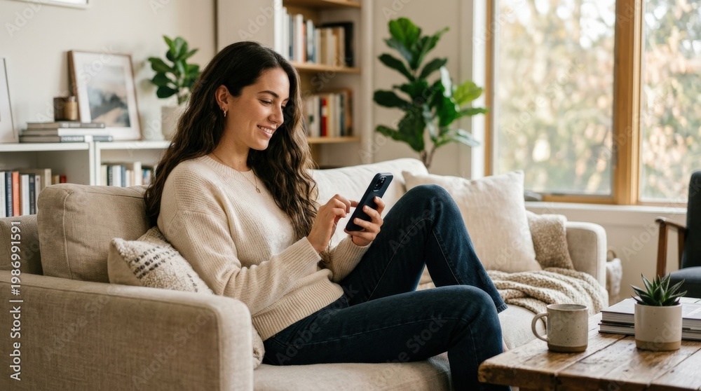 Fototapeta premium A long-haired woman using a smartphone, relaxed posture, clean modern styling and warm connected atmosphere, ultra-realistic, no logos.