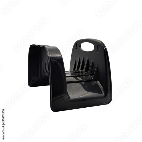Photo of a black plastic hose hanger or storage rack, designed to keep the garden hose organized and off the ground, isolated on white background.