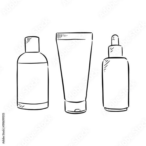 Three blank cosmetic bottles, hand drawn in black line. 