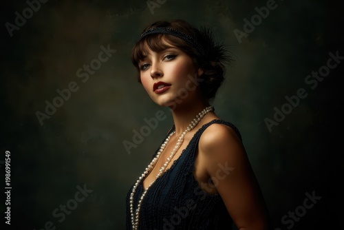 Young woman in 1920s flapper style, pearls and headband, vintage studio portrait
