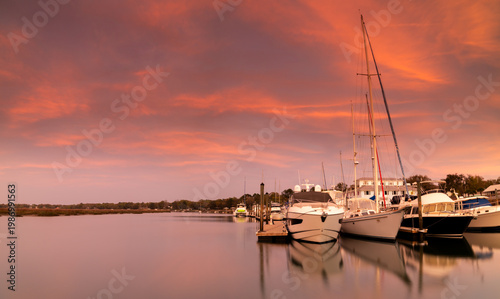 colorful sunset at the White Hall Boat Landing on Factory Creek in Beaufort