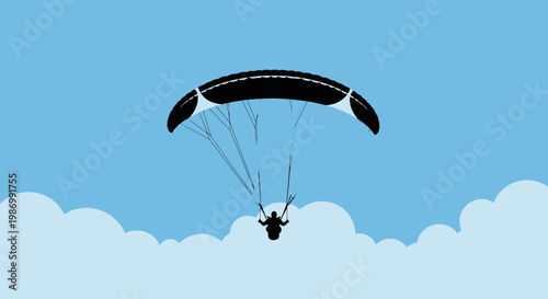 Paragliding Silhouette Against A Bright Blue Sky With Fluffy Clouds