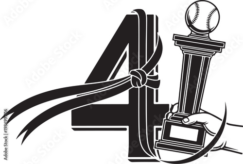 4th place trophy, baseball award, sports illustration, black and white vector