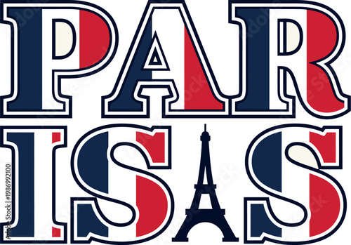 Paris City Wordmark with French Flag Pattern and Tower Silhouette for Travel Merchandise, Tourism Branding, and Souvenirs