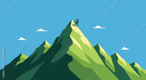 Peak Achievement Climber Reaching Summit Of Majestic Green Mountains