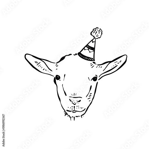 A goat head. Goat wearing a party hat. Hand drawn in black line. 