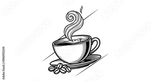 A steaming cup of coffee on a saucer.