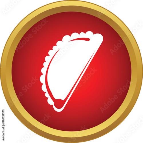 Empanada or dumpling icon depicting a common food item in a red and gold button