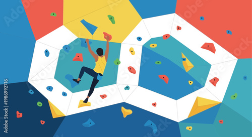 Person Ascending Vibrant Geometric Indoor Climbing Wall With Colorful Holds