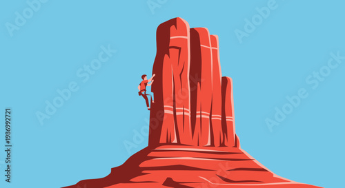 Person Ascending Towering Desert Rock Formation Under Blue Sky