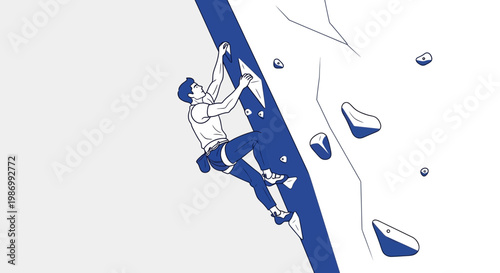 Person Climbing Indoors On A Blue And White Wall With Holds