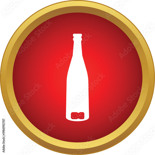 White silhouette of a champagne bottle with cork on a red circular background