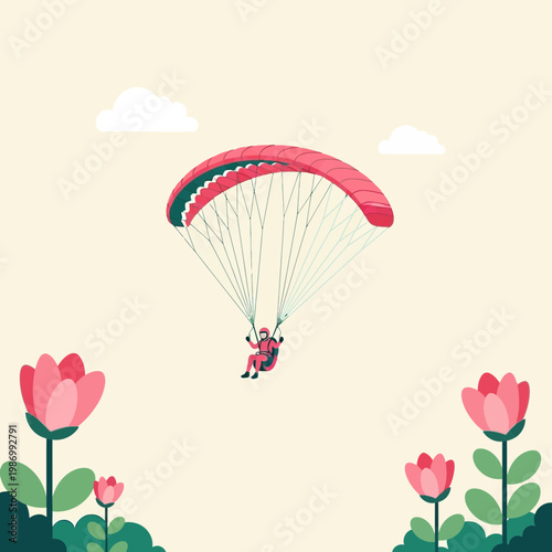 Person Enjoying Paragliding Adventure Amidst Blooming Flowers And Clouds