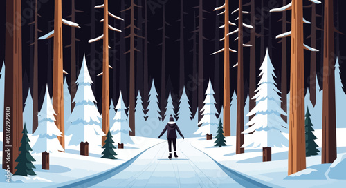 Person Ice Skating Through Snow-Covered Forest Path During Winter