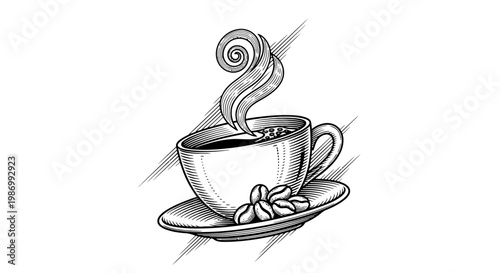 A steaming cup of coffee on saucer.