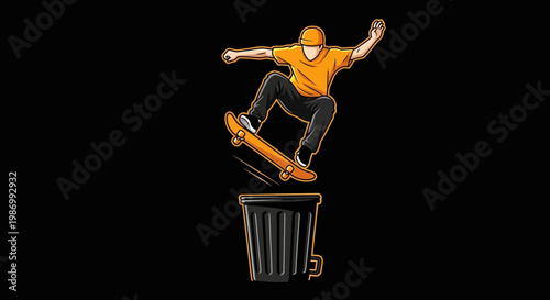 Rad Skateboarder Jumps Over Trash Can In Dynamic Action