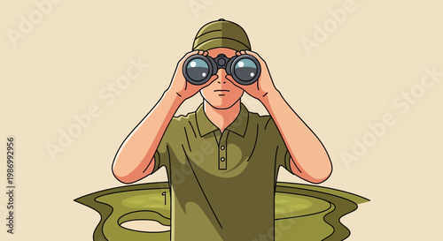 Person Observing Through Binoculars Looking for Opportunities