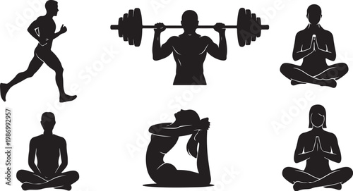 Fitness icons, workout silhouettes, exercise vector set, yoga and weightlifting illustrations