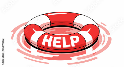 Red And White Lifesaver Ring Floating In Rippling Water With Help Word