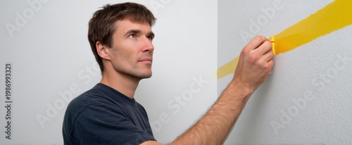 artist using tape to shield borders before freshening up the walls
