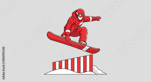 Red Snowboarder Executes Dynamic Jump Over Snow Obstacle