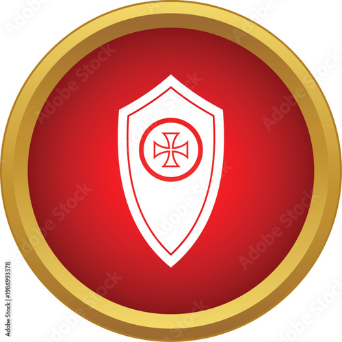 White outline templar cross shield centered on a vibrant red circular button with gold trim