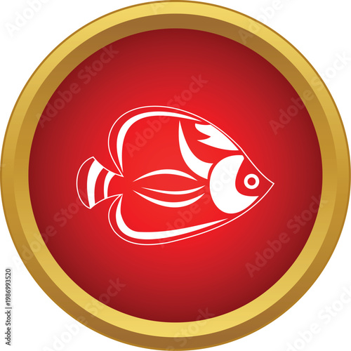 Stylized fish icon on a red background with a golden border