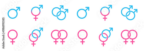 Gender icons. Gender symbols. Male and female sign of gender equality icon vector.  Sex gender. Male. Female. Gay. Lesbian, Bisexual. Transgender. Hetero. Vector illustration