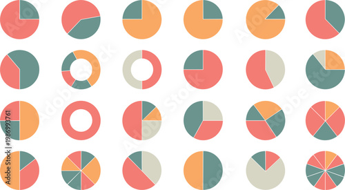 Abstract Geometric Pie Chart Icon Set with Colorful Circular Data Visualization Elements for Infographic Design, Analytics Presentation, and Business Reports