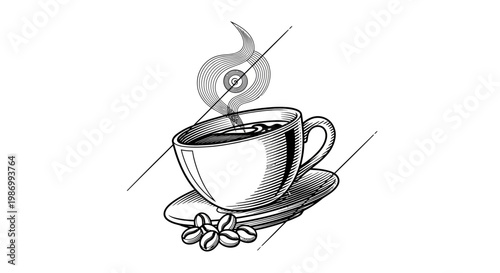 A steaming cup of coffee on saucer.