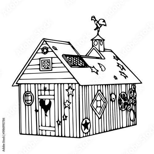 rustic wooden farmhouse shed with rooster weather vane line art