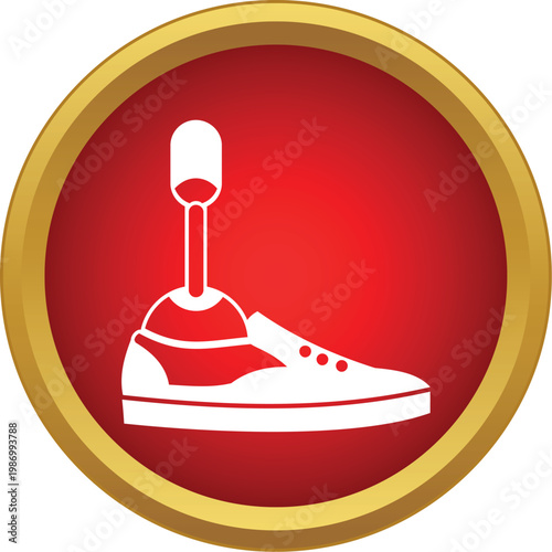 Prosthetic leg with a sneaker in a red and gold button icon