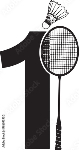 Badminton, sports, number one, racket and shuttlecock, vector icon