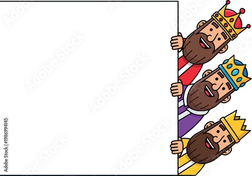 Three Wise Men Cartoon Characters Peeking from Corner with Blank Space for Christmas, Epiphany, and Holiday Greeting Designs